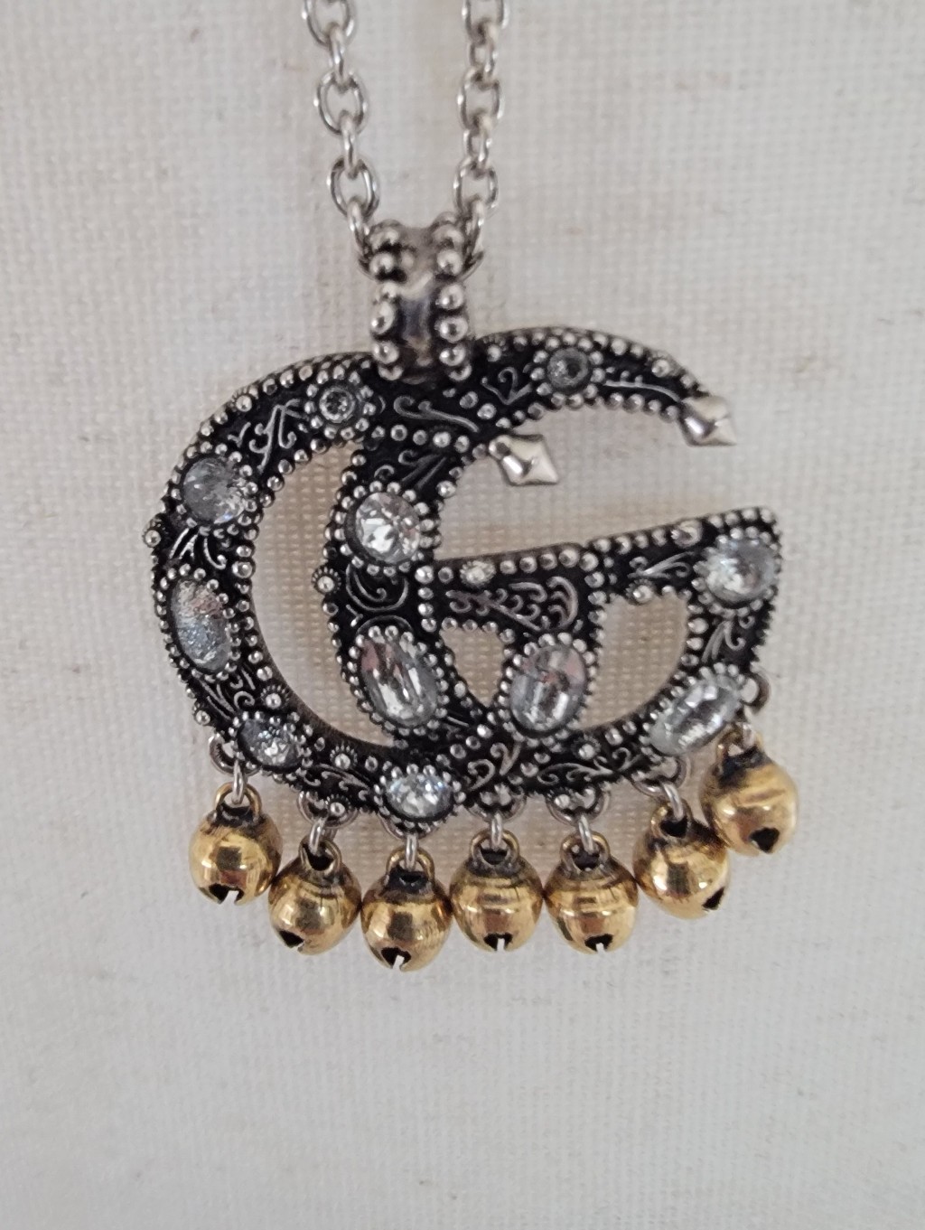 Gucci Silver And Crystals Gg Marmont Necklace With Coa